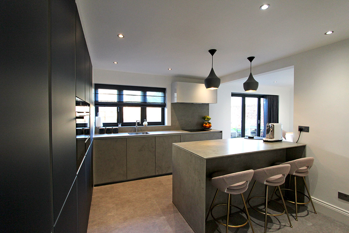 Next 125 Glassline Kitchen in Concrete Ceramic & Indigo Blue